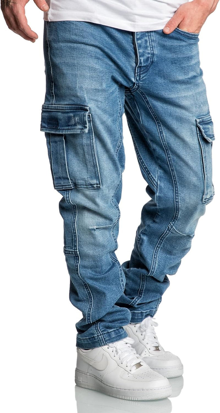 Amaci&Sons Herren Cargo Jeans Regular Slim Denim Hose Destroyed 7977 33W / 34L Hellblau, 33W / 34L H