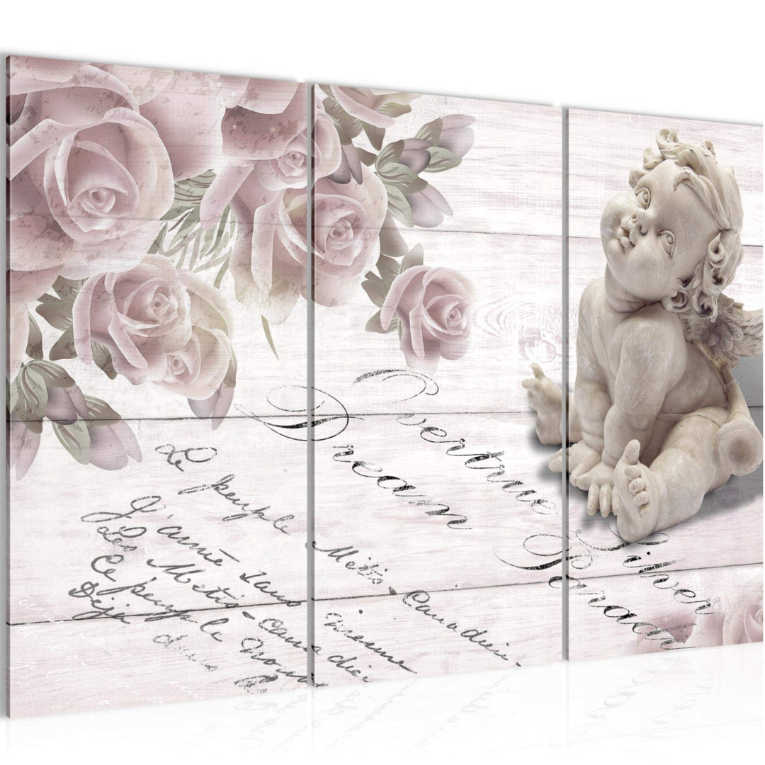 Runa Art Wandbilder Engel Blumen Bild XXL Wohnzimmer Schlafzimmer Grau Rosen Holz 120 x 80 cm 3 Teil