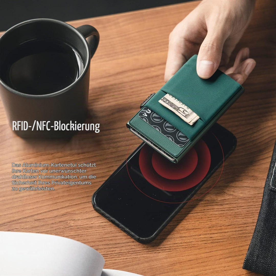 VULKIT Kreditkartenetui mit EDC-Fächern und Ausweisfenster, RFID-blockierende Pop Up Karten Geldbörs