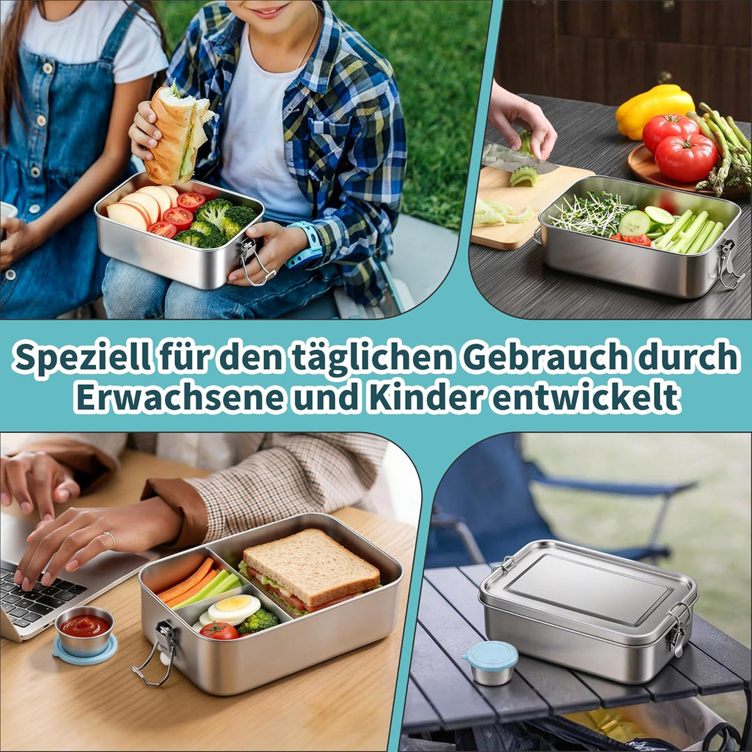 Joyfair Brotdose mit Fächern, Edelstahl Bento Box mit 3 Fächern, Metall Lunchbox Brotzeitdose mit Au