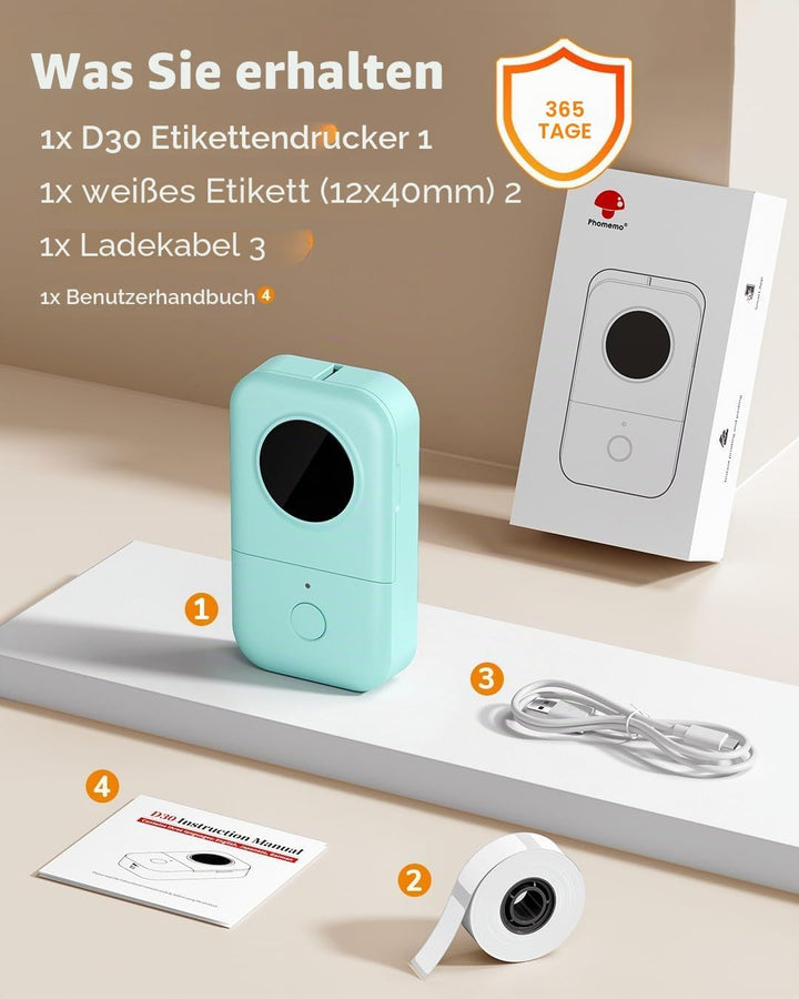 Phomemo D30 Mini Etikettendrucker - Beschriftungsgerät Selbstklebend Bluetooth Etikettiergerät,Label