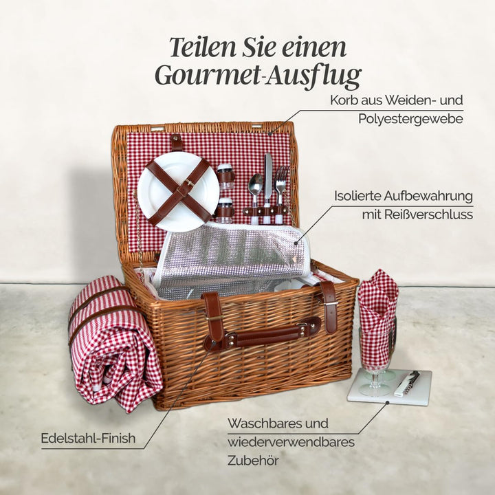 Linxor - Isothermischer Picknickkorb mit Tischdecke und Zubehör - 2 Personen Rot, Rot