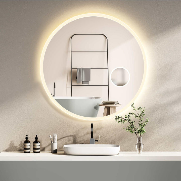 HOKO® Runder LED Badspiegel 80cm Hamburg. Designspiegel mit KOSMETIKSPIEGEL 3-Fach, Bad Spiegel LED