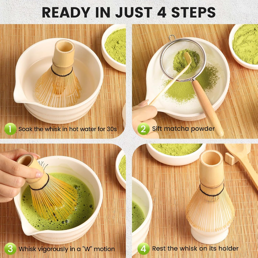Accwork Matcha Set, 7er-Set Macha Tea Set Matcha zubehör mit Matcha Löffel, Matcha Schale mit Auslau
