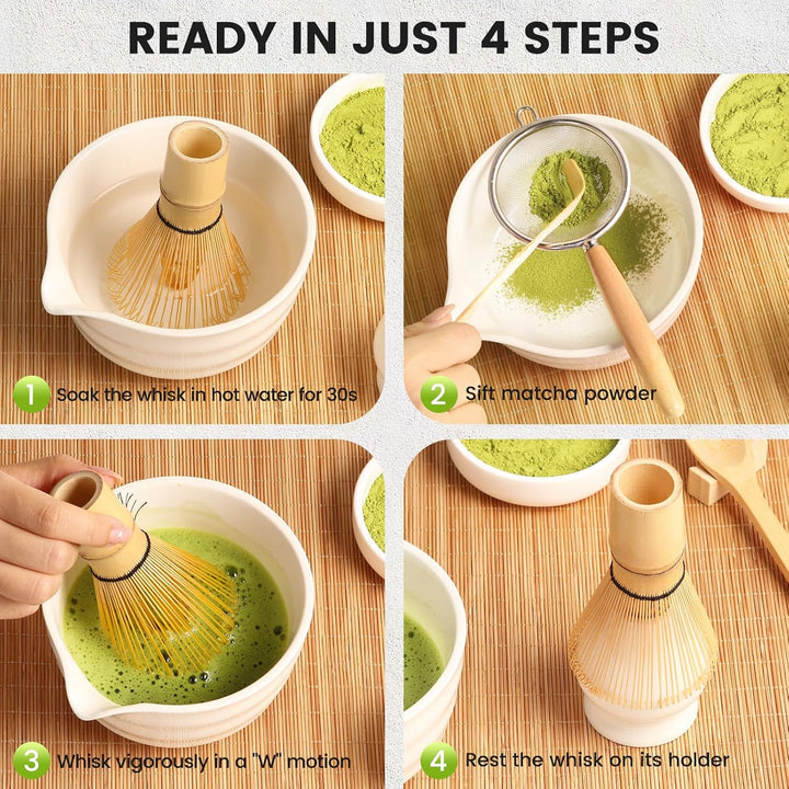 Accwork Matcha Set, 7er-Set Macha Tea Set Matcha zubehör mit Matcha Löffel, Matcha Schale mit Auslau