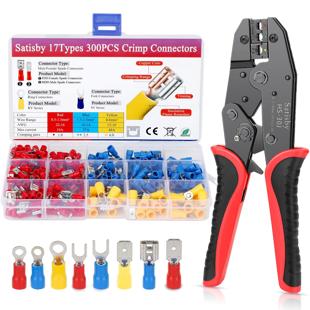 Crimpzange Kabelschuhe Set-Kabelschuhzange für 0,50-6,00 mm² Kabelhülsen 17 Typen 300Stück isolierte