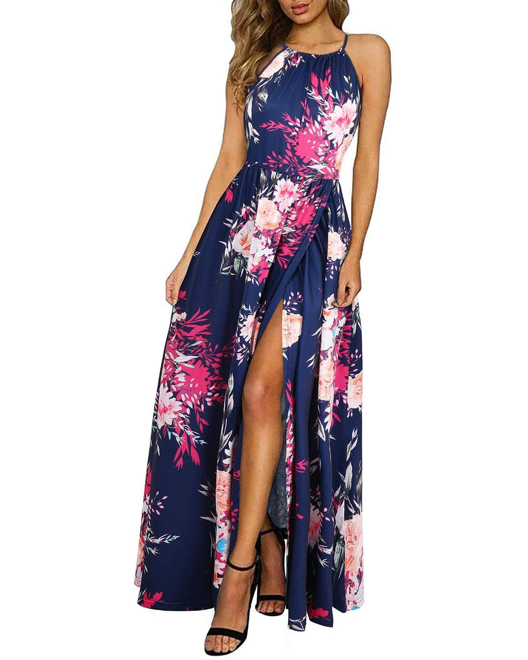 KILIG Damen Sommerkleid Lang Elegant Sommer Neckholder Kleid Hochzeitsgast Maxikleid Partykleid Schl