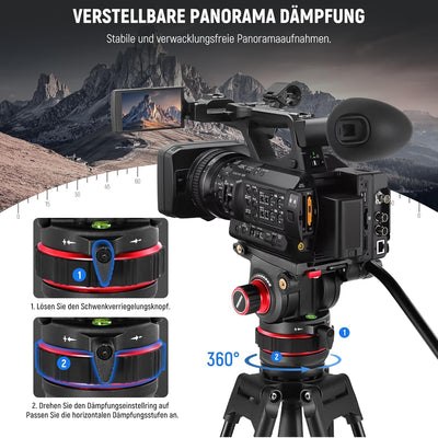 NEEWER 78" Pro Kohlefaser Videostativ mit Fluidkopf, 360° Schwenk- und 145° Neigungsdämpfung, DSLR K