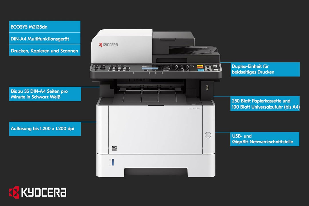 Kyocera Klimaschutz-System Ecosys M2135dn Multifunktionsdrucker Schwarz Weiss. 35 Seiten pro Minute.