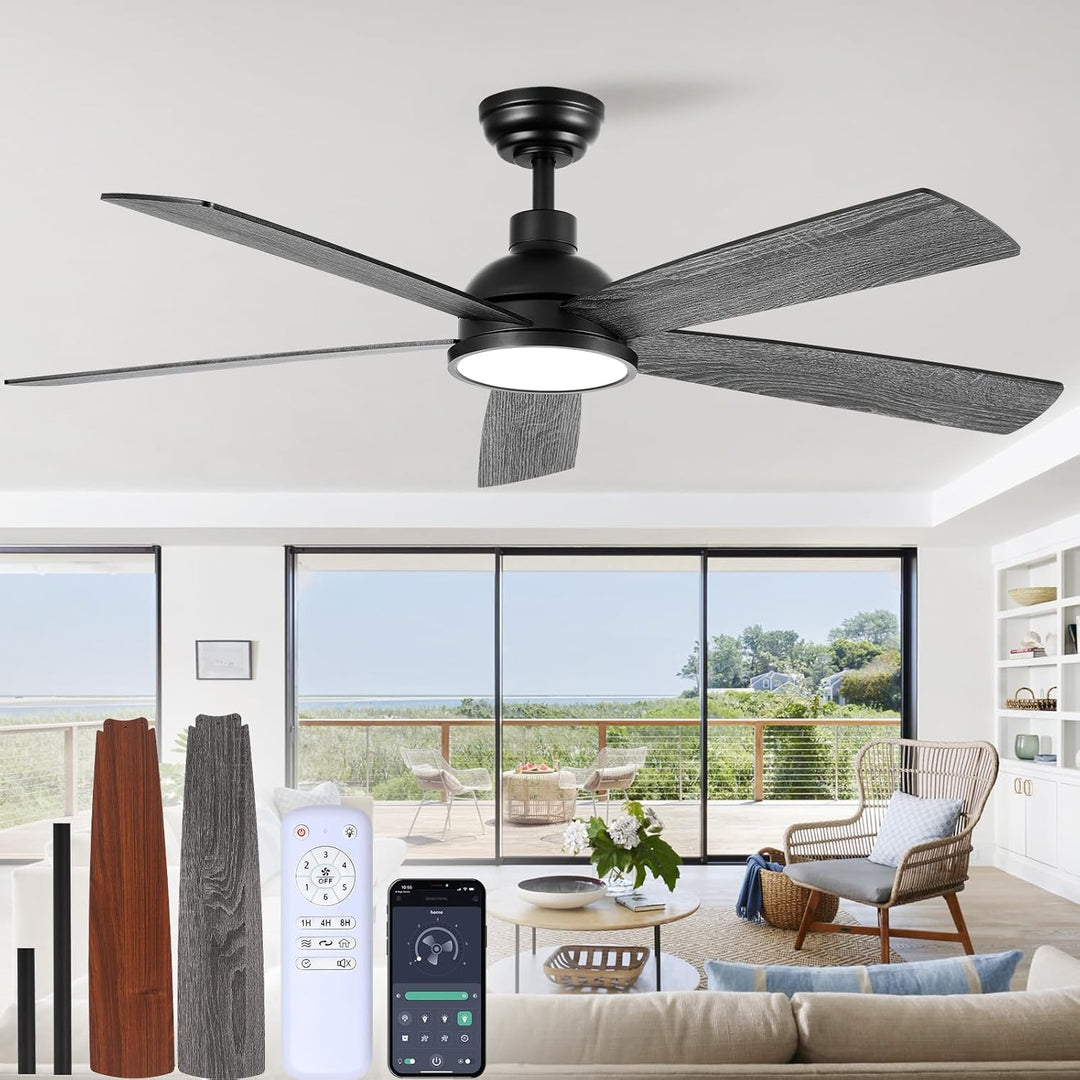 132 cm Deckenventilator mit Beleuchtung und Fernbedienung | 5 Holz Flügeln, doppelseitige Flügel, Ti