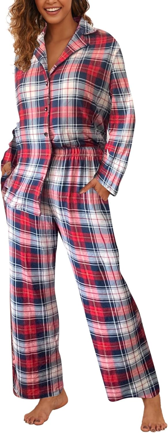 Famulily Frauen Langarm Pyjama Set Plaid Loungewear Sets Button Up Top und Wide Leg Hosen S-XXL M Ro