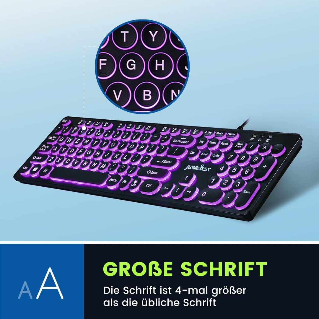 Perixx PERIBOARD-317R Kabelgebundene USB-Tastatur mit Hintergrundbeleuchtung – Grossbuchstaben – dre