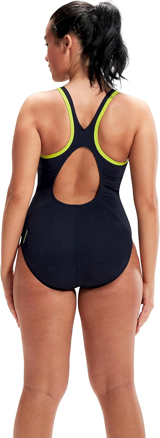 Speedo Damen Boom Logo Splice Muscleback Badeanzug 26-28 Marineblau/Grün, 26-28 Marineblau/Gr&#xFC;n