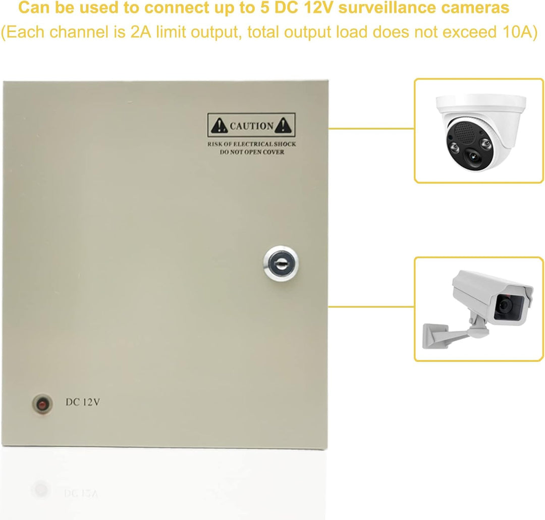 CCTV Netzteil 12V 10A DC 120W, 9 Kanal Überwachungskamera Netzteilkasten mit Metallgehäuse & Schloss