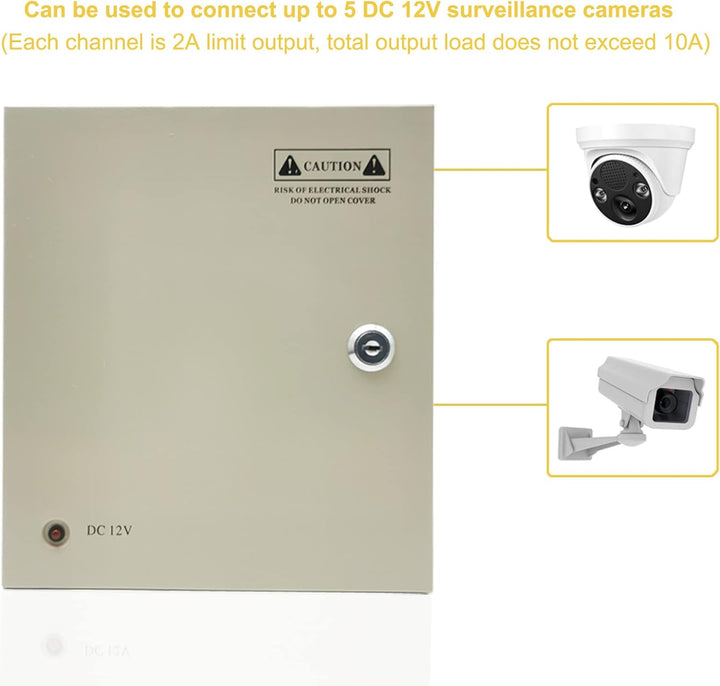 CCTV Netzteil 12V 10A DC 120W, 9 Kanal Überwachungskamera Netzteilkasten mit Metallgehäuse & Schloss