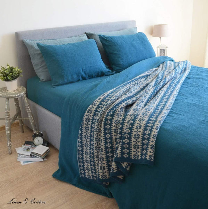 Linen &amp; Cotton Weicher Griff Bettwäsche Set Alicia -100% Leinen Gewaschen, Petrol Blau (140 x 200 cm
