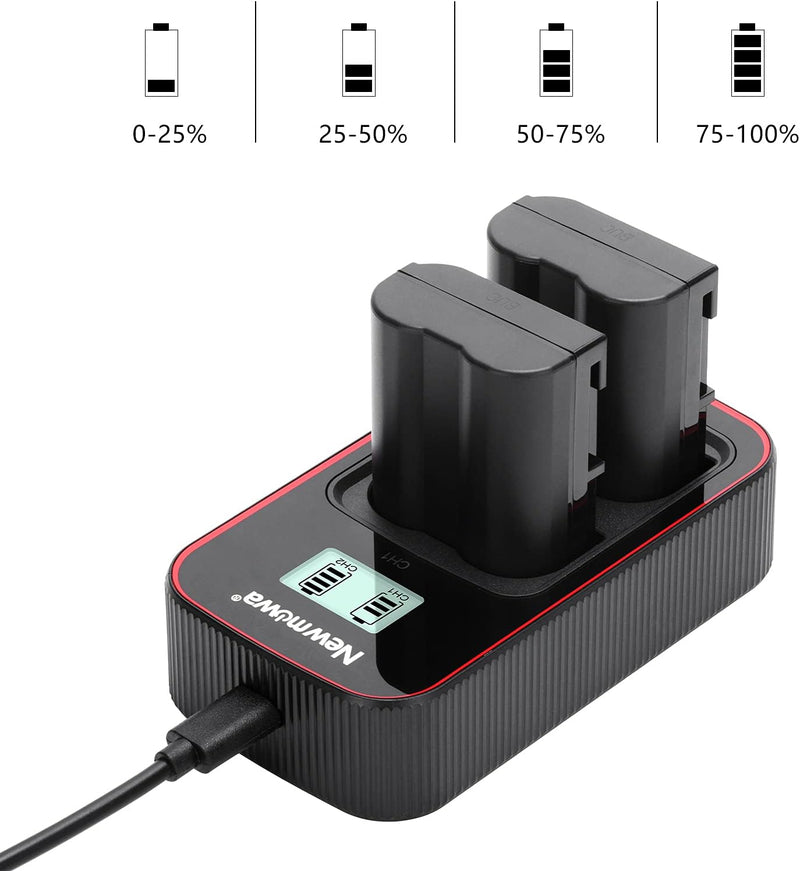 Newmowa EN-EL15 Ersatzakku (2er-Pack) und Smart LCD Display Dual USB-Ladegerät für Nikon EN-EL15 und