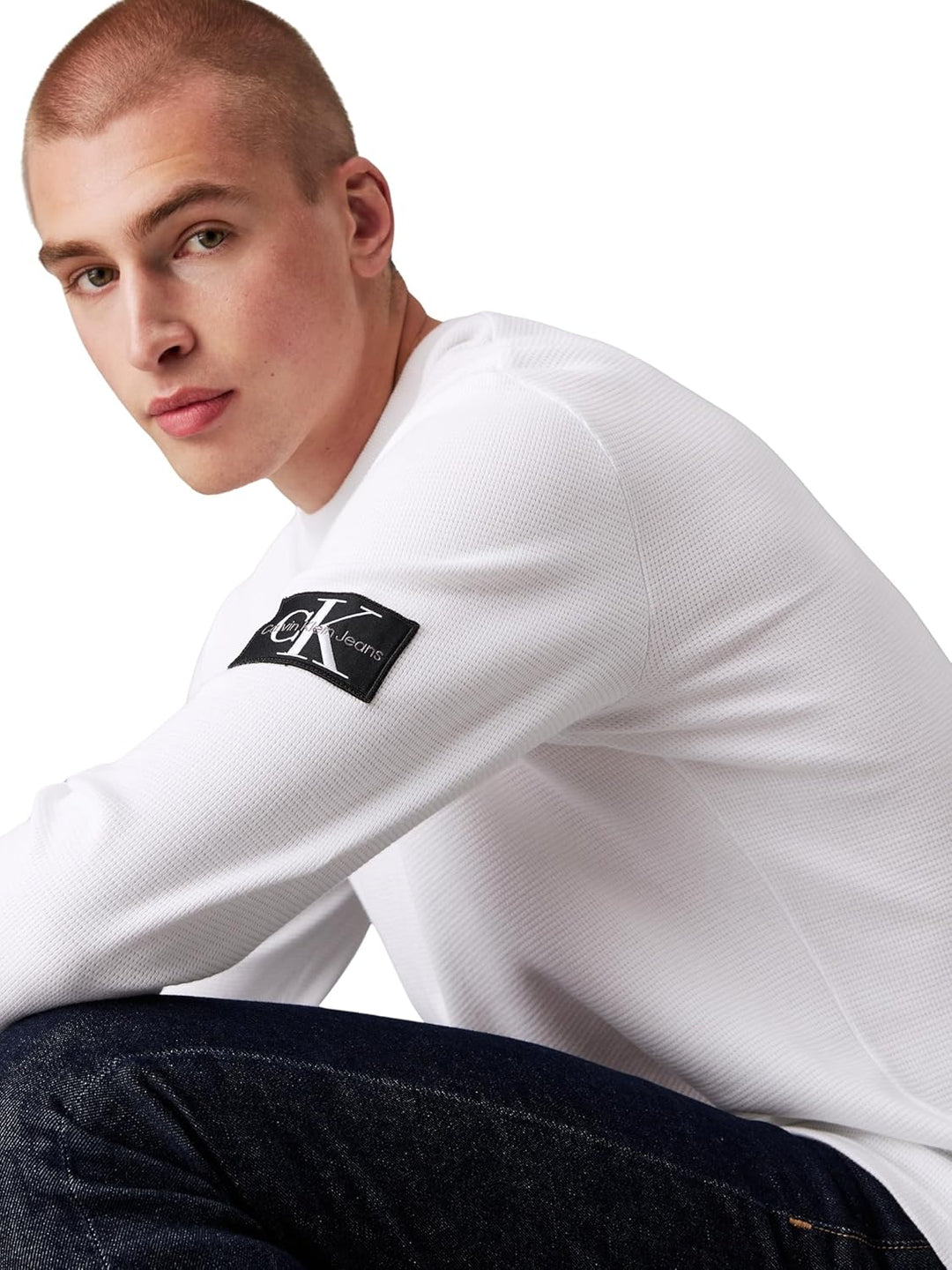 Calvin Klein Jeans Herren Badge Waffle Ls Tee L/S Strickoberteile XXS Bright White, XXS Bright White