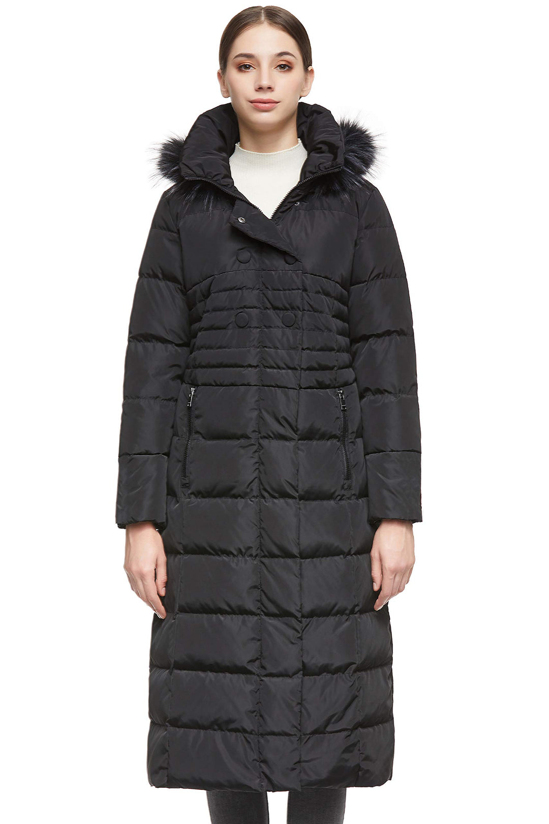 Orolay Damen Daunenjacke mit Langem Pelz-Kapuzenmantel mit Raglanärmeln Schwarz XS, Schwarz XS