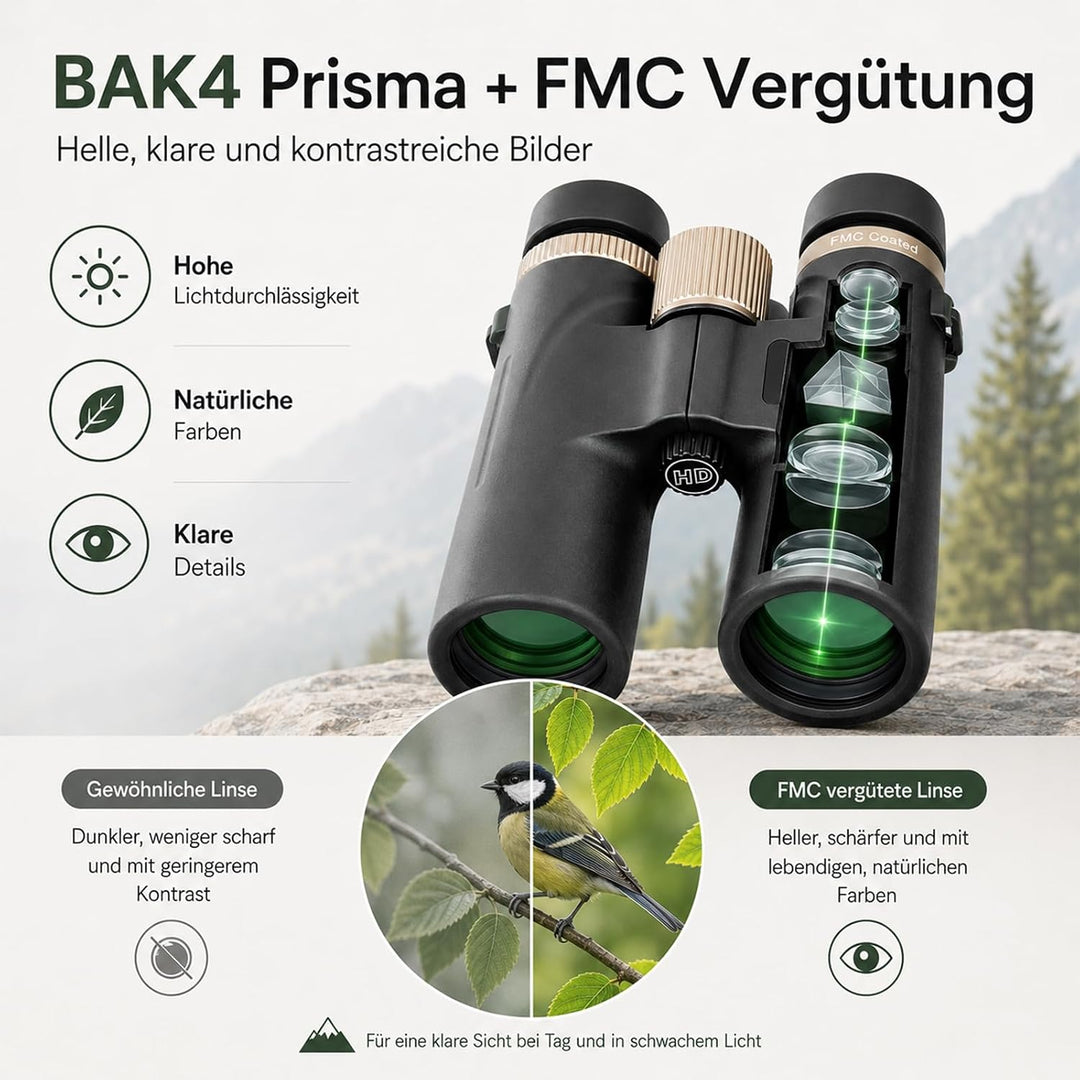 12x42 HD wasserdichtes Profi-Fernglas mit BAK4 Prisma, FMC Linse, Smartphone Adapter & Tragetasche,