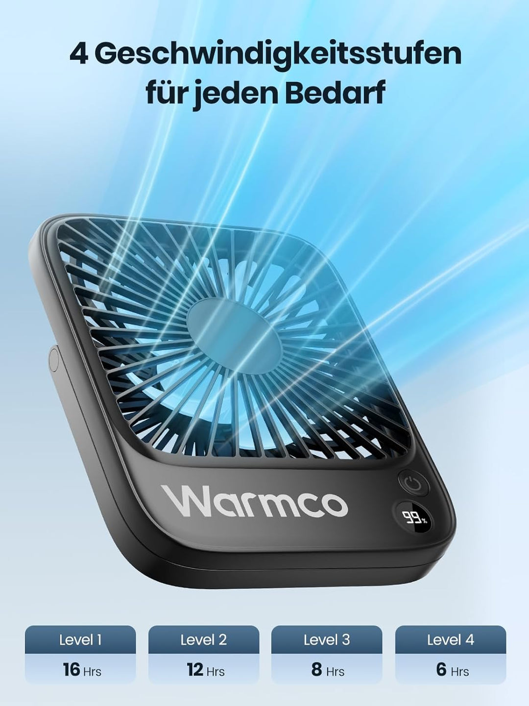 Warmco 5000mAh Tragbarer Ventilator, Ultra-dünn Akku Tischventilator Klein, Leise 4-Stufen, 180° Nei