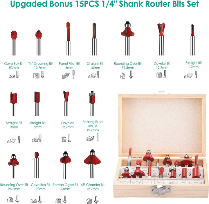 Yontwe Kompaktes Holz Router Werkzeug Tragbarer Handrouter Holzbearbeitung mit 15 Stück Router Bits