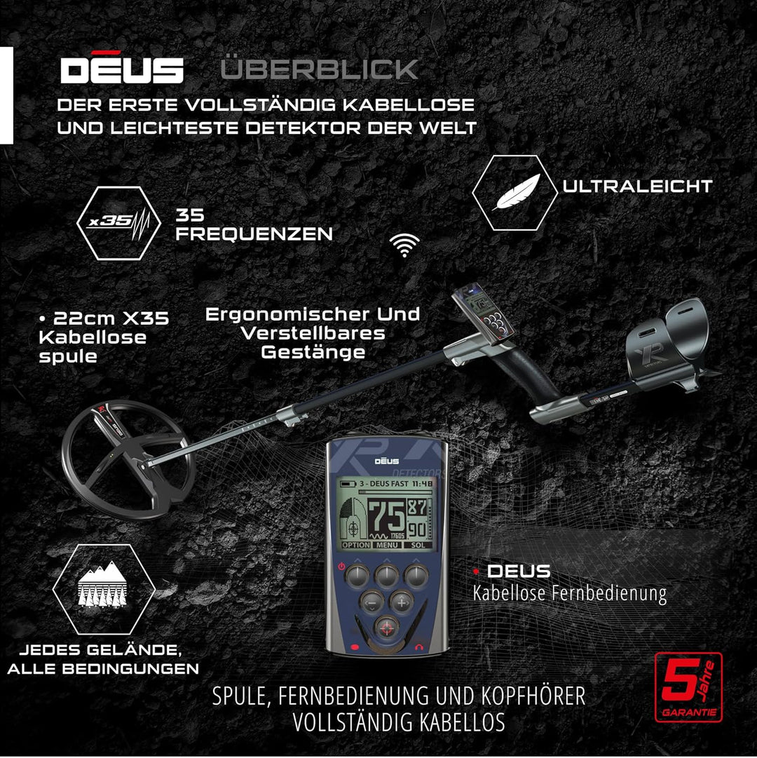 XP Metal Detectors Deus - regenfest und 100% kabellos, für die Suche nach Schätzen und Relikten - Su