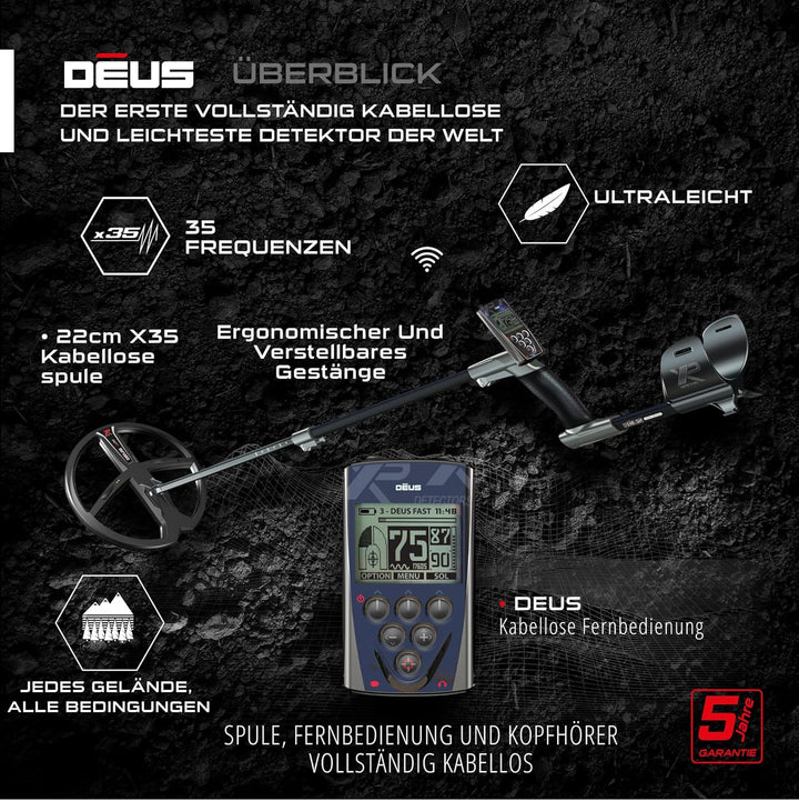 XP Metal Detectors Deus - regenfest und 100% kabellos, für die Suche nach Schätzen und Relikten - Su