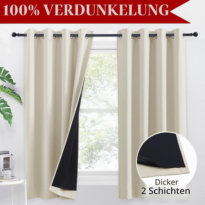 PONY DANCE Kurze Gardinen Beige Blickdicht Ösenvorhang 2er Set H 160 x B 140 cm 100% Verdunkelungsvo