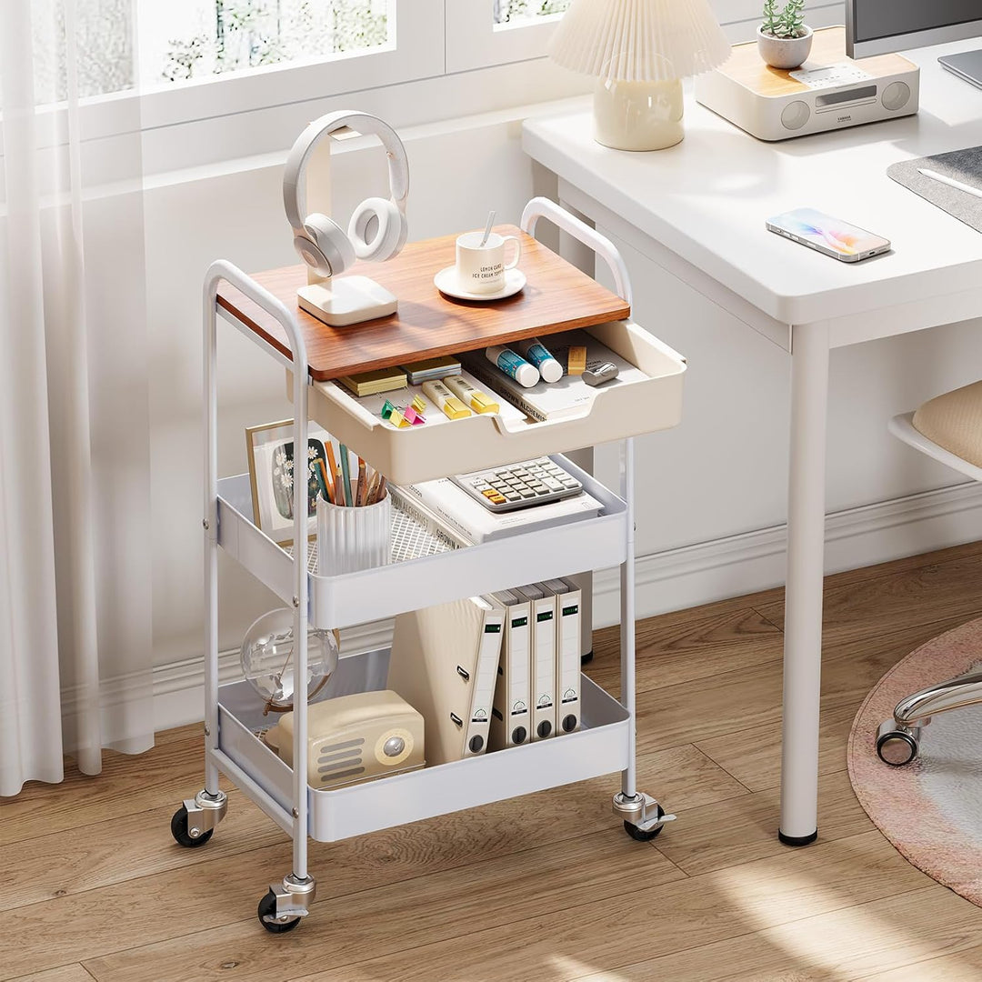 KINGRACK Aufbewahrungswagen 3-Ebenen mit Tischplatte, Multifunktionswagen aus Metall für Küche, Haus