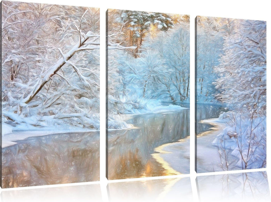 Pixxprint Atemberaubende Winterlandschaft Bunstift Effekt 3-Teiler Leinwandbild 120x80 Bild auf Lein