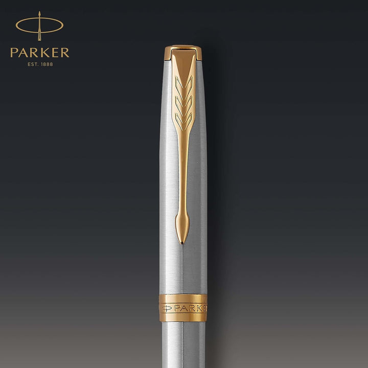 Parker Sonnet Kugelschreiber | Edelstahl mit Goldzierteilen | Mittlere Spitze | schwarze Tinte | Ges