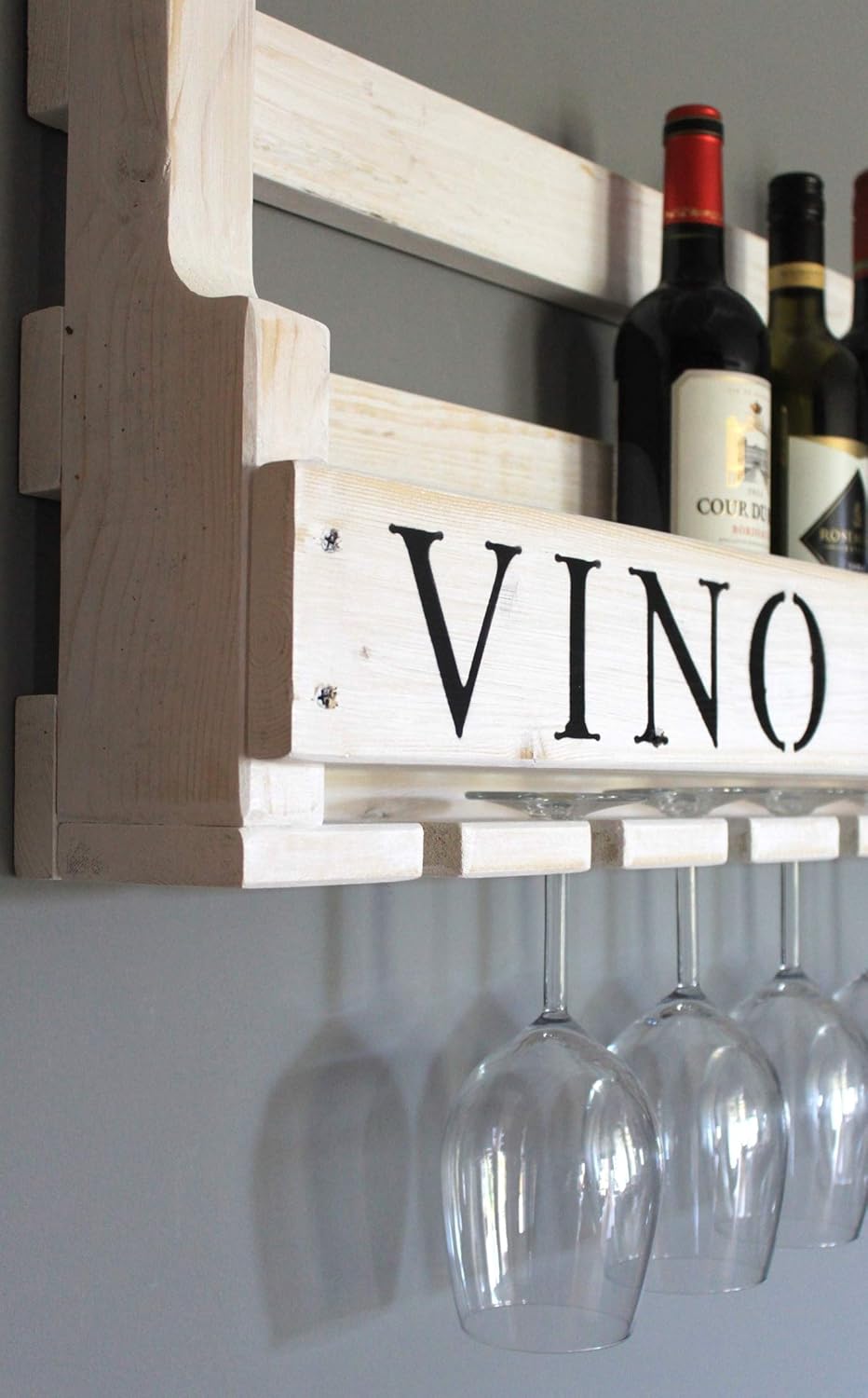 Dekorie Weinregal aus Holz für die Wand - mit Gläserhalter und VINO Schriftzug - Weiss - fertig mont
