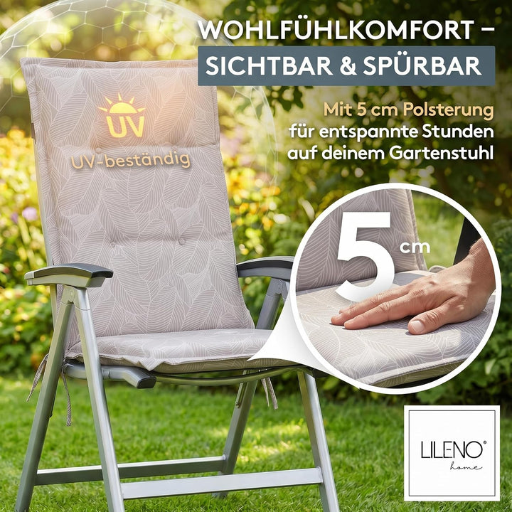 LILENO HOME Gartenstuhl Auflagen als [2er Set - Hochlehner] in Blätter Grau - Bequeme Liegen als Sit