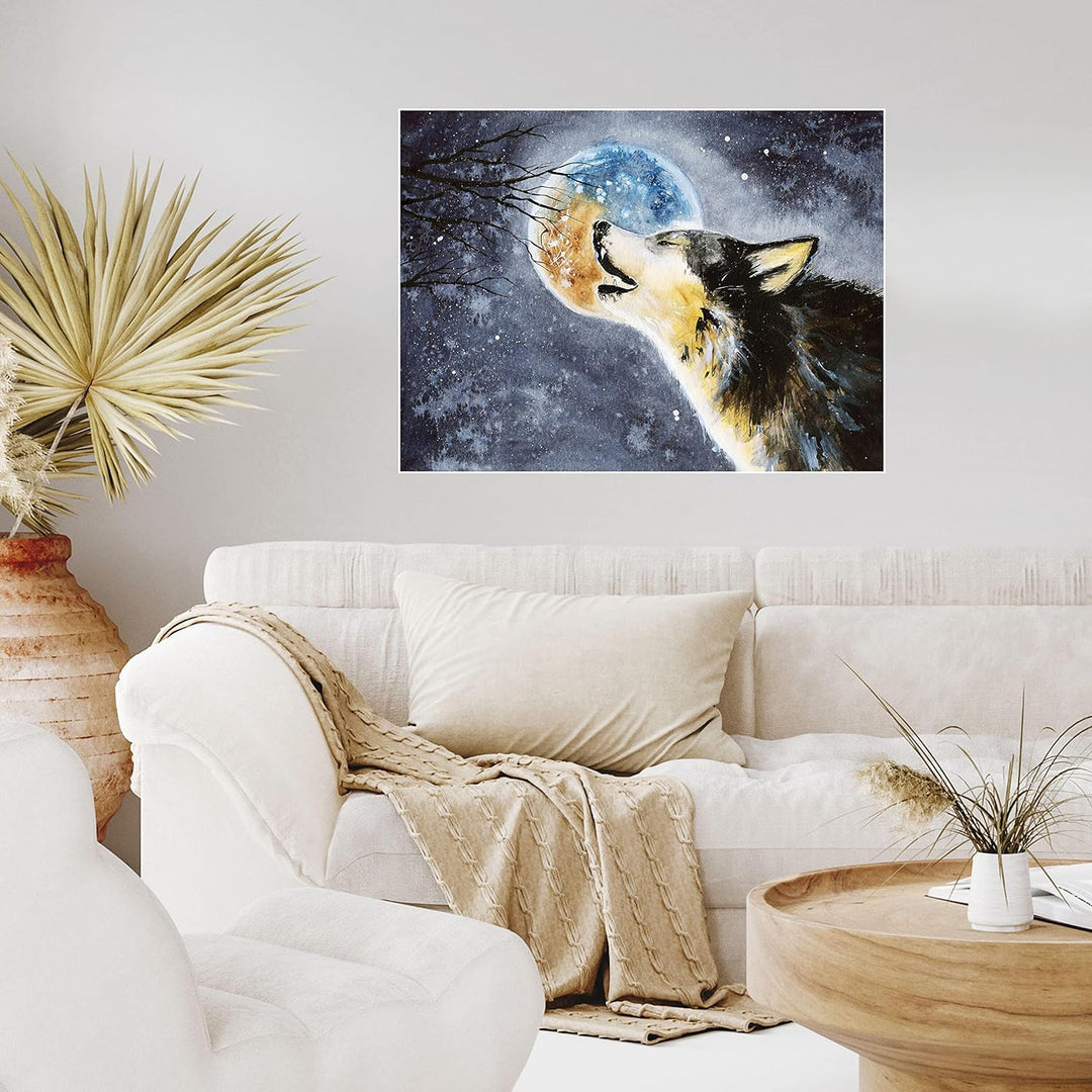 wandmotiv24 Poster als Wanddeko, Grösse 80x60cm, Heulender Wolf, Gemälde, Mond, Mitternacht, Tier, M