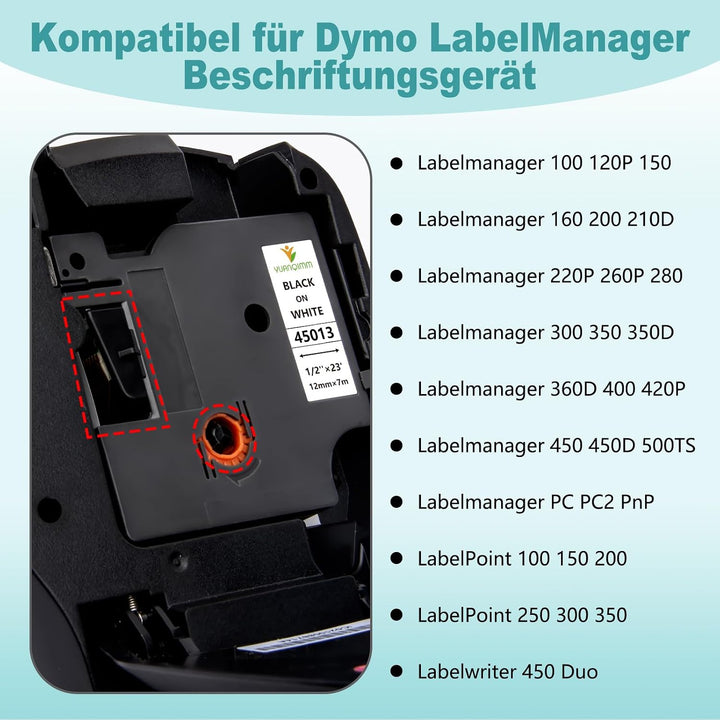6x 45013 Kompatibel für Dymo D1 Etikettenband 12mm x 7m a45013 S0720530 | Schwarz auf Weiss D1 45013