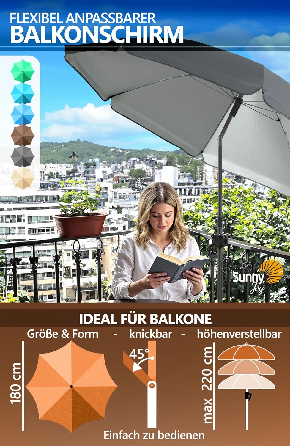 4smile Sonnenschirm Balkon SunnyJoy im 3er-Set - UPF 50+ Balkon Schirm 180 cm + Sonnenschirmhalter B