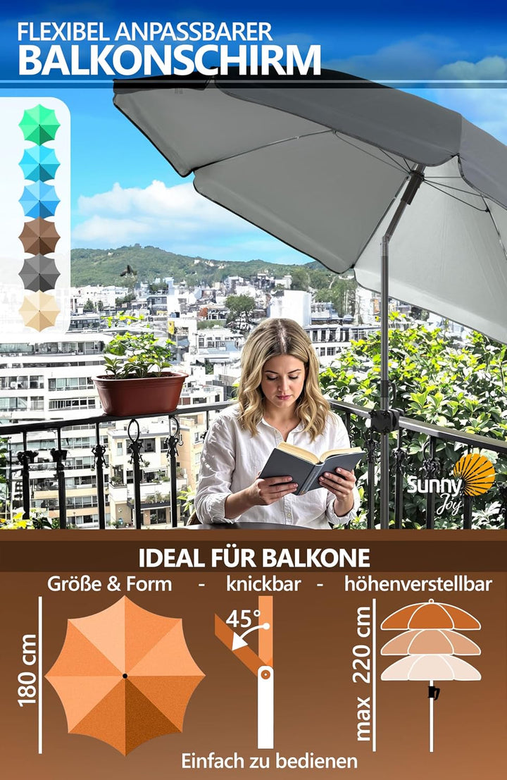 4smile Sonnenschirm Balkon SunnyJoy im 3er-Set - UPF 50+ Balkon Schirm 180 cm + Sonnenschirmhalter B
