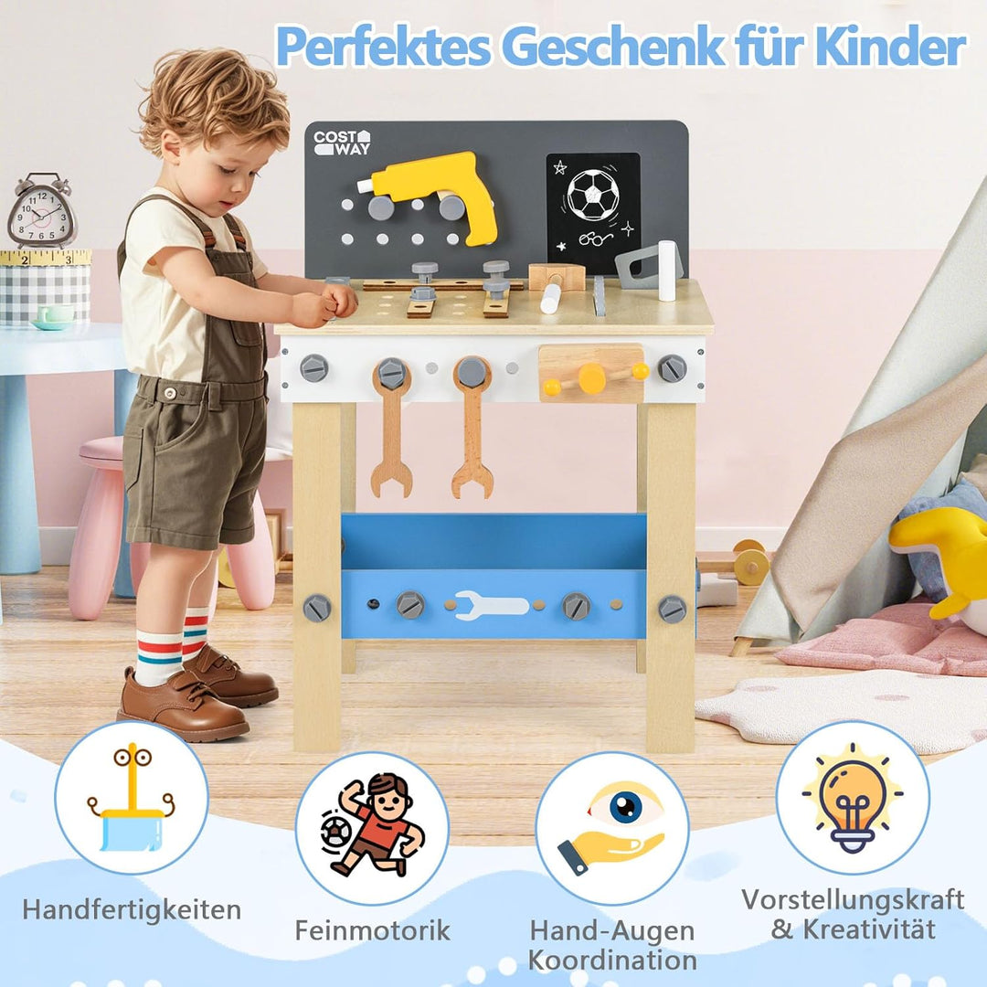 COSTWAY Werkbank Kinder, Kinderwerkbank Holz mit Stecktafel, Kreidetafel und Ablageregal, Werkzeugba