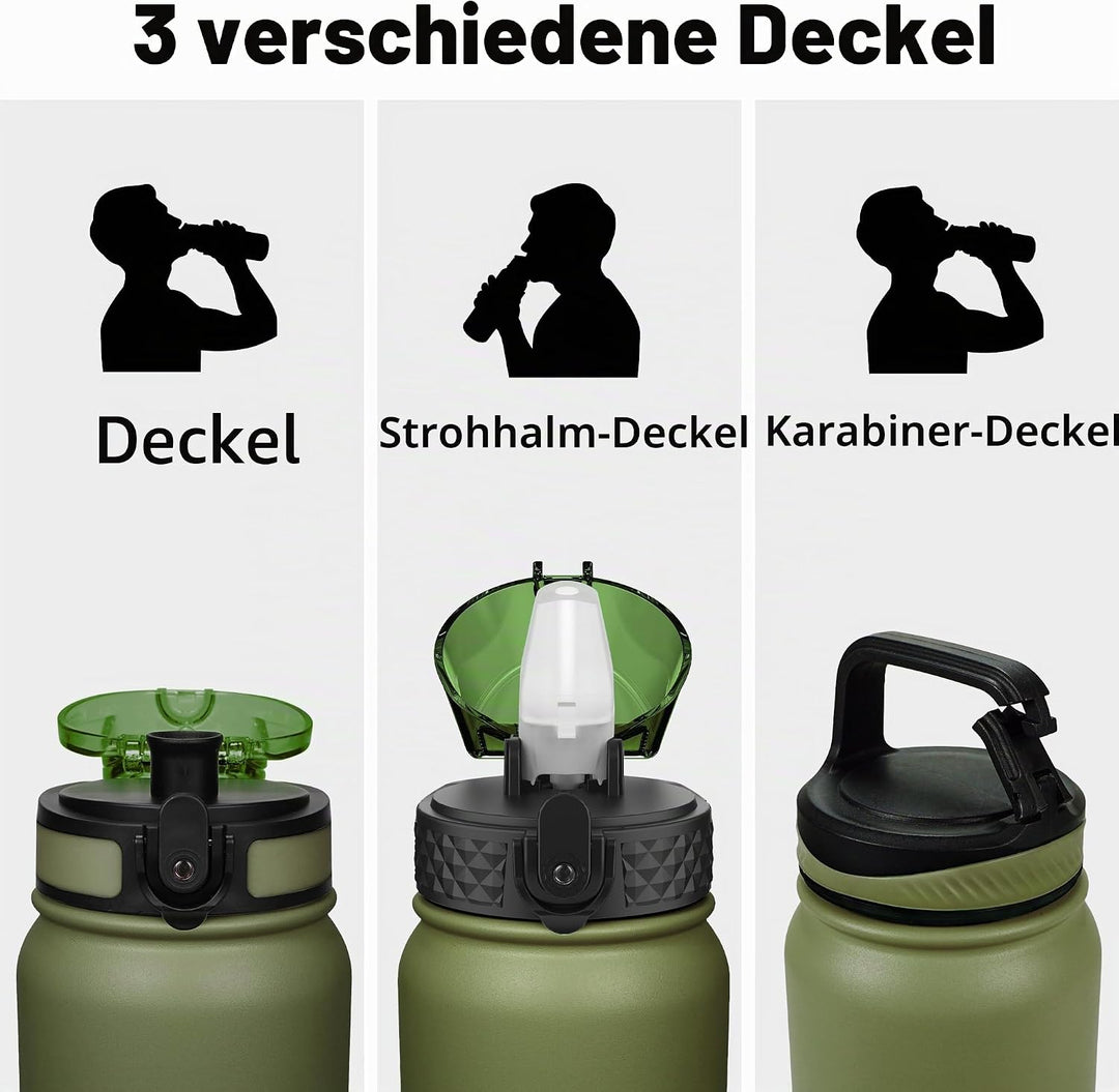 OLDLEY Edelstahl Trinkflasche mit Strohhalm 1L Isolierte flasche mit 3 Deckel Grosse Thermosflasche