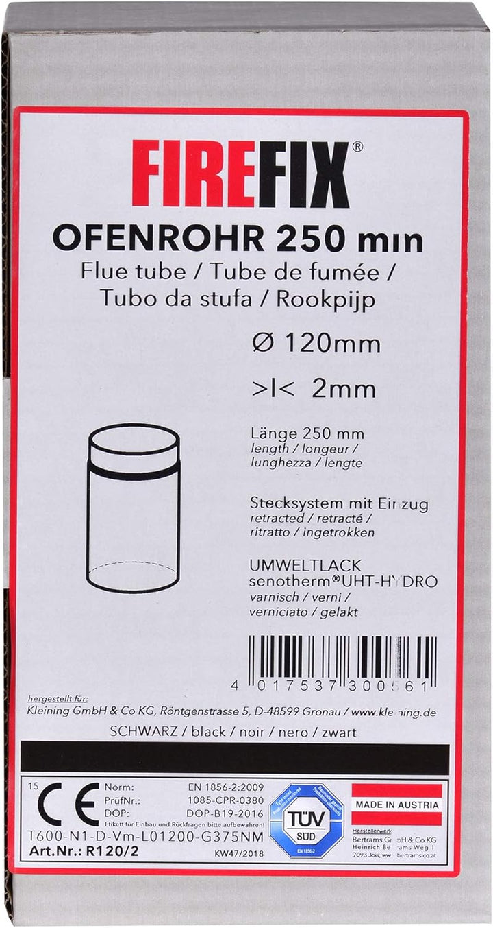 FIREFIX R120/2 Ofenrohr aus 2 mm starken Stahl (Rauchrohr) in 120 mm Durchmesser, für Kaminöfen und