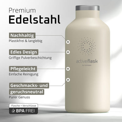 Trinkflasche Edelstahl mit Strohhalm, Infuser + 3 Deckel: BPA-frei, Auslaufsicher, Kohlensäure geeig