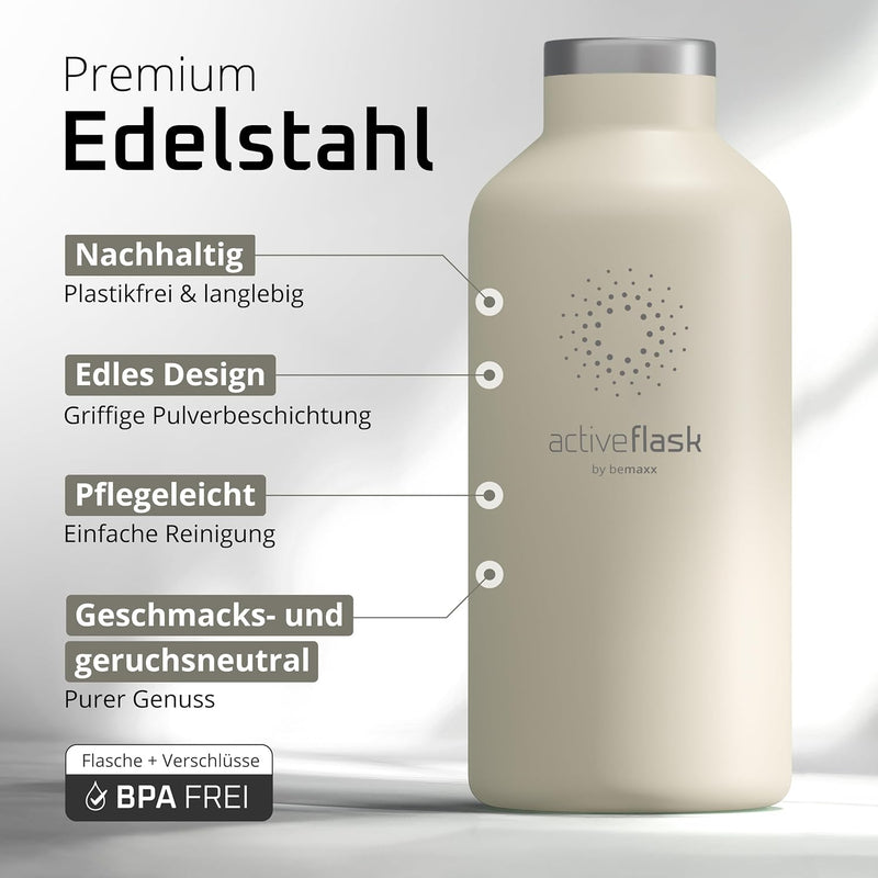Trinkflasche Edelstahl mit Strohhalm, Infuser + 3 Deckel: BPA-frei, Auslaufsicher, Kohlensäure geeig
