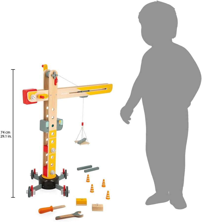 Janod - Grosser Holzkran 74 cm - Rollenspielzeug - Konstruktionsspiel - 360° Drehbar und Mobil - 12