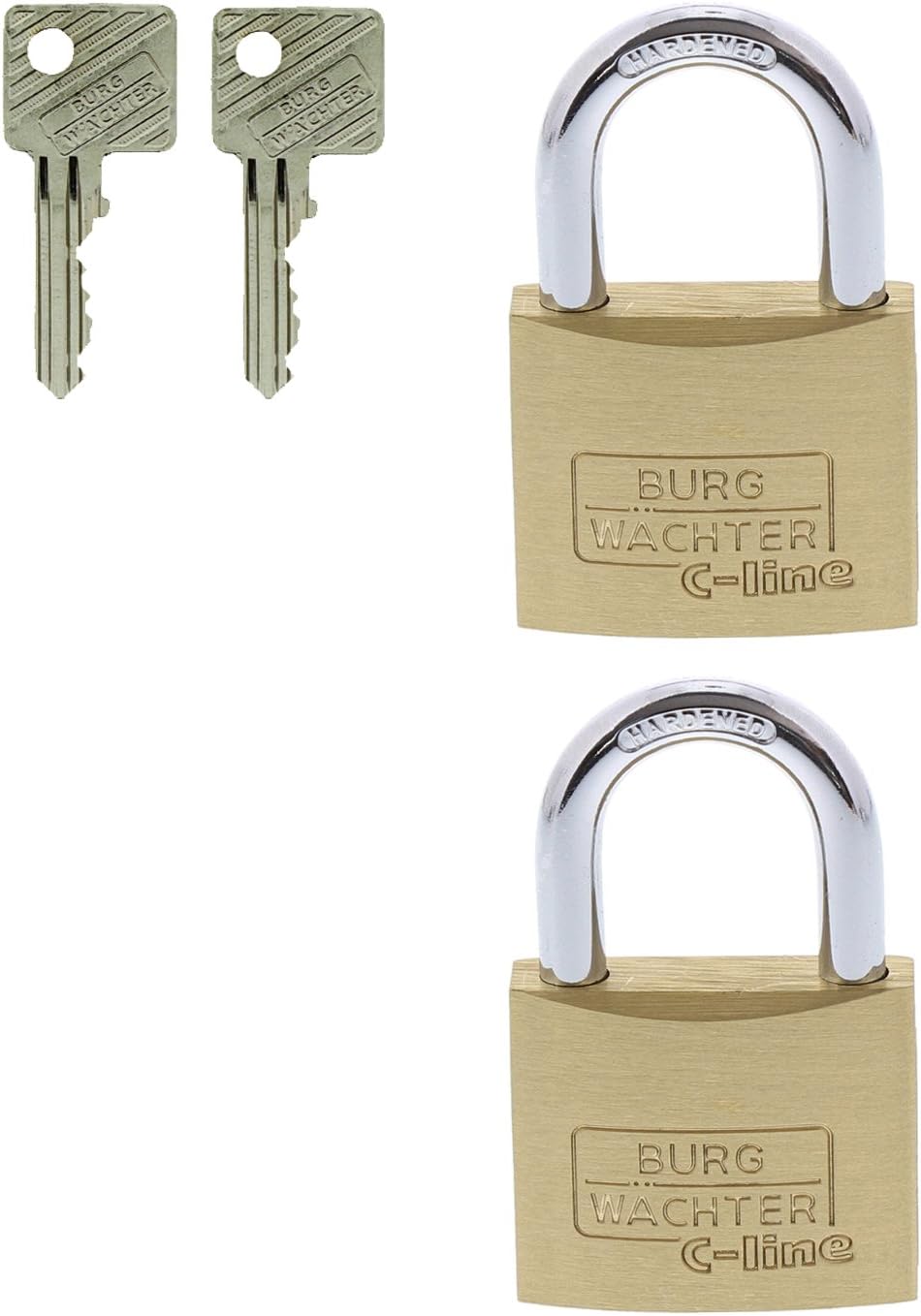 Burg Wächter Vorhängeschloss, 2er-Set, 6 mm Bügelstärke, 4 Schlüssel, Duo 222 40 SB, Messing, Bügels