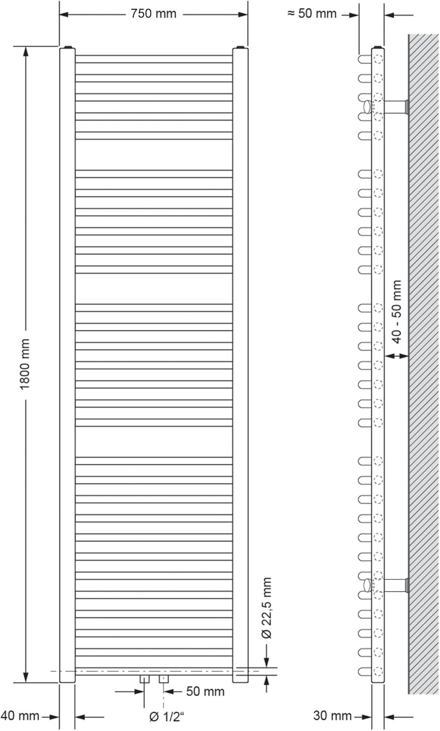ECD Germany Badheizkörper Mittelanschluss 750 x 1800 mm Weiss gebogen mit Thermostat und Anschlussga