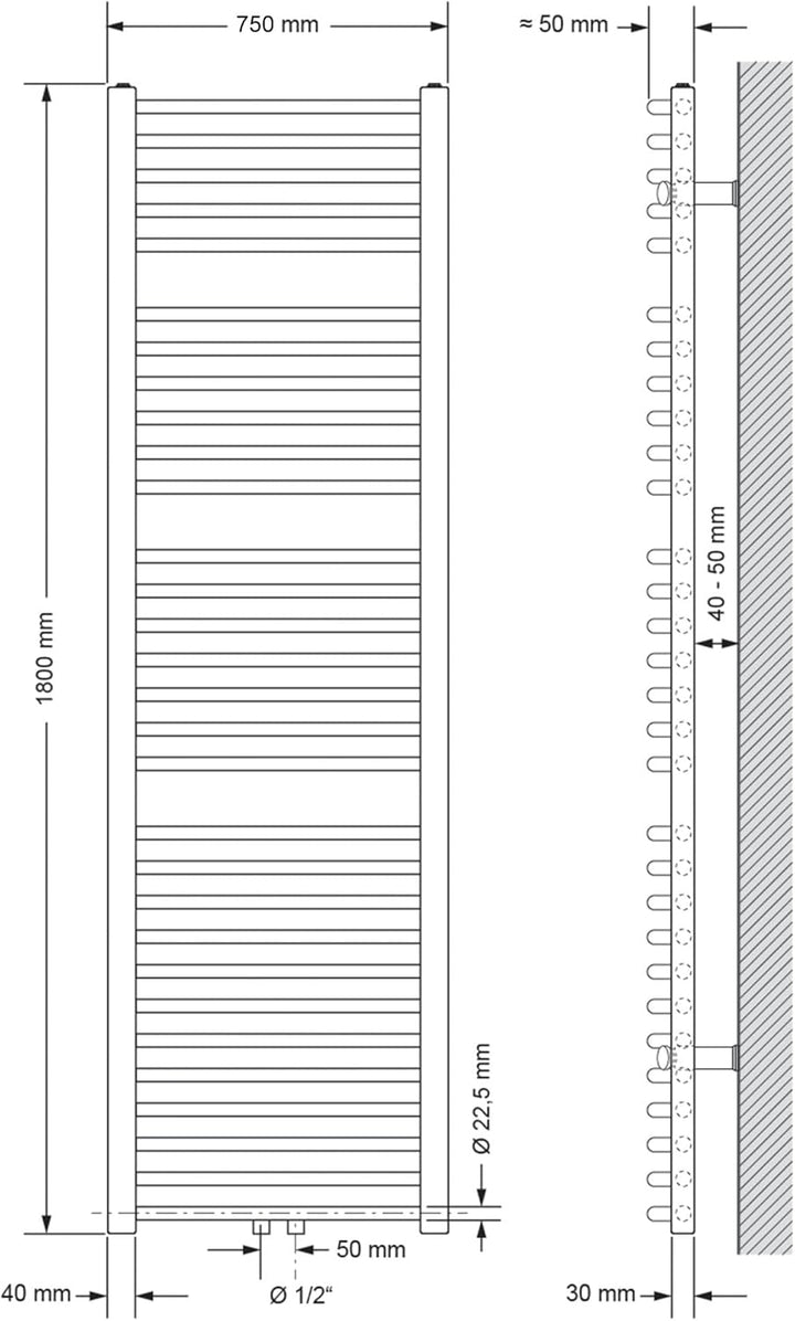 ECD Germany Badheizkörper Mittelanschluss 750 x 1800 mm Weiss gebogen mit Thermostat und Anschlussga
