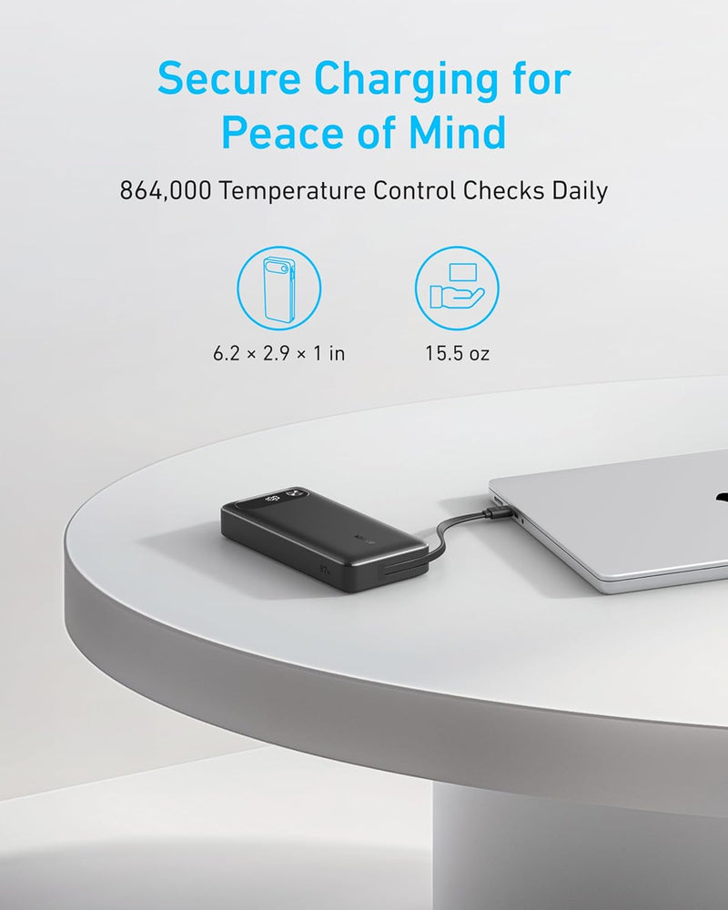 Anker Powerbank, 20.000mAh tragbares Ladegerät mit integriertem USB-C-Kabel, 87W Max Schnelllade-Akk