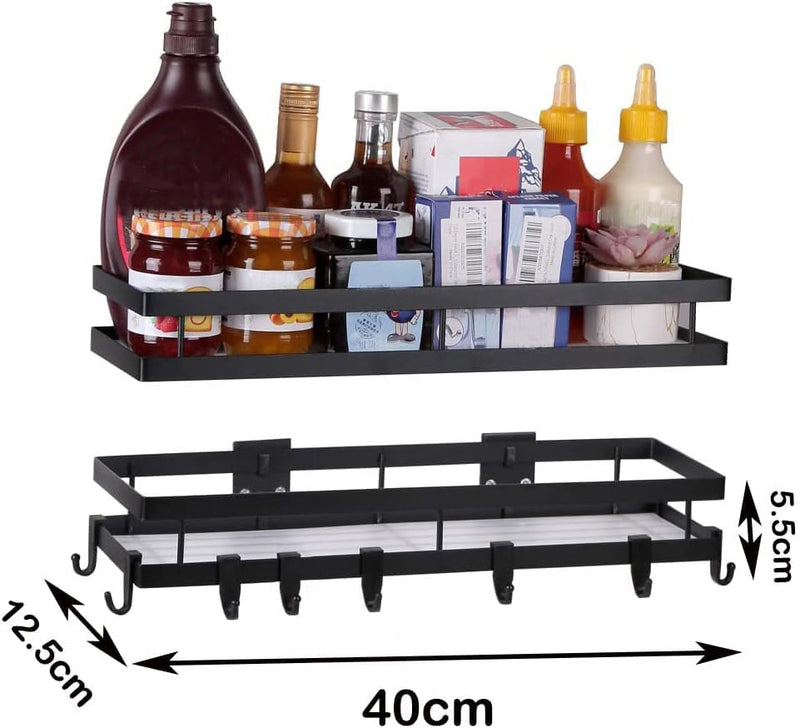 YunNasi Gewürzregal Ohne Bohren Küchenregal Schwarz Metall 2 Etagen mit 8 Abnehmbaren Haken Wandrega