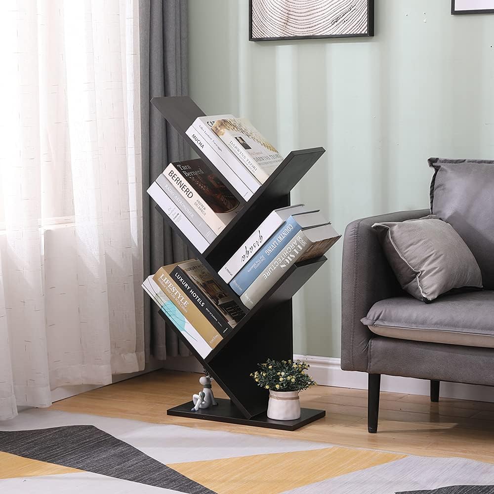 Etnicart Modernes Bücherregal mit Baum freistehend Bücherregal CD Holz MDF Regale Nachttisch 40x20x7
